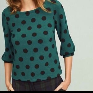 Maeve Anthro Green Black Polka Dot Pollover
